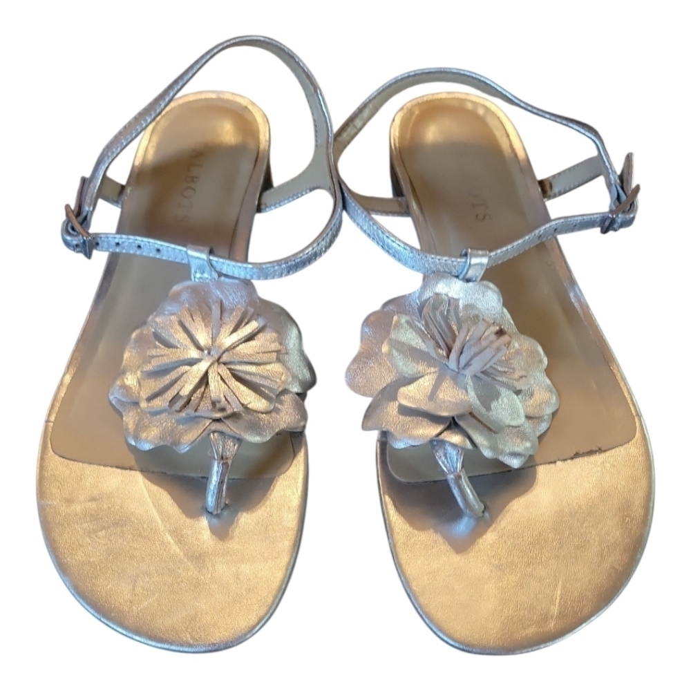 Talbots Women's Silver Leather Sandals with Floral Embellishment Sz 7.5M